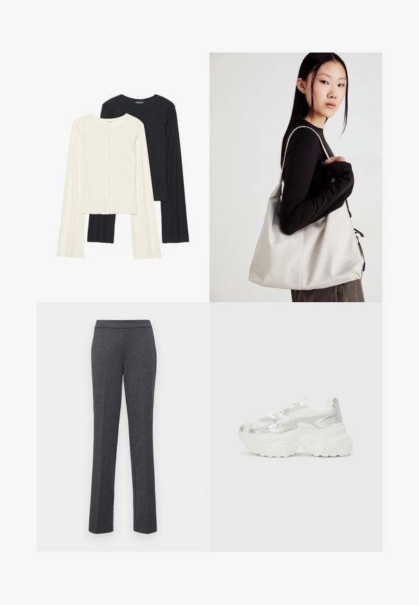Set of two long-sleeve tops in white and black. Ribbed texture, round neck, fitted design with slightly flared sleeves.; Gray trousers with a straight-leg design, smooth texture, and a wide waistband. Features side pockets for practicality.; Silver sneaker with a textured mesh upper and iridescent accents, featuring a chunky white sole and lace-up closure.; Beige handbag made of soft material, featuring a slouchy design, stitched detailing, and two shoulder straps. Suitable for everyday use.