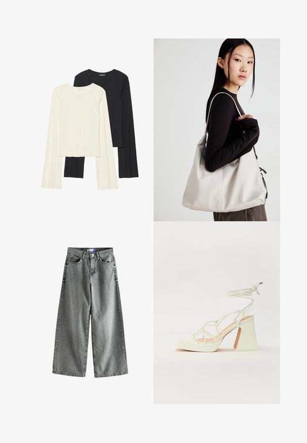 Súprava dvoch dlhých rukávov v bielej a čiernej farbe. Žebrovaná textúra, okrúhly výstrih, priliehavý strih s mierne rozšírenými rukávmi.; Džínsy s širokými nohavicami v vybledlej šedej denimovej farbe, s vysokým pásom, dizajnom s piatimi vreckami a jemnými detailmi prehrabania.; Biele sandále na vysokom opätku s hrubým podpätkom, s pruhovaným dizajnom a viazaním na členku. Hladký povrch s platformou vpredu pre zvýšenú výšku.; Béžová kabelka vyrobená z mäkkého materiálu, s uvoľneným dizajnom, prišitými detailmi a dvoma popruhmi na nosenie na pleciach. Vhodná na každodenné nosenie.