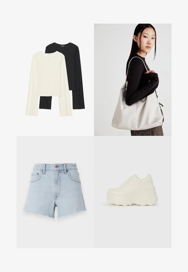 Dviejų ilgomis rankovėmis marškinėlių rinkinys, baltas ir juodas. Raukšlėta tekstūra, apvalus kaklas, prigludusi forma su šiek tiek platėjančiomis rankovėmis.; Šviesiai mėlynos džinsinės šortai su aukštu juosmeniu, suplėšytu kraštu ir penkiomis kišenėmis. Yra metalinė saga ir kontrastinga siuvimo linija.; Baltos platformos sportbačiai su lygiu odos primenančiu paviršiumi, apvalia forma, paminkštintu apykakle ir tekstūruotu guminiu padu su ryškiais protektoriais.; Bežinė rankinė, pagaminta iš minkštos medžiagos, turinti laisvą dizainą, siuvinėtas detalės ir dvi petnešos. Tinkama kasdieniam naudojimui.