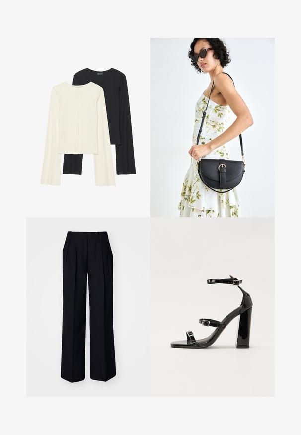 Sett med to langermede topper i hvit og svart. Ribbete tekstur, rund hals, tettsittende design med lett utsvingte ermer.; Svarte vide bukser med folder, laget av et glatt stoff. Har knappelukking og side lommer. Ren, rett silhuett.; Svarte høyhælte sandaler i lakk med to spennestraps, firkantet tå og en tykk blokkhæl, med en glatt, blank tekstur.; Svart lærveske med en buet form, avtagbar stropp og gullbeslag. Vesken har et klaff med spenne-detall.