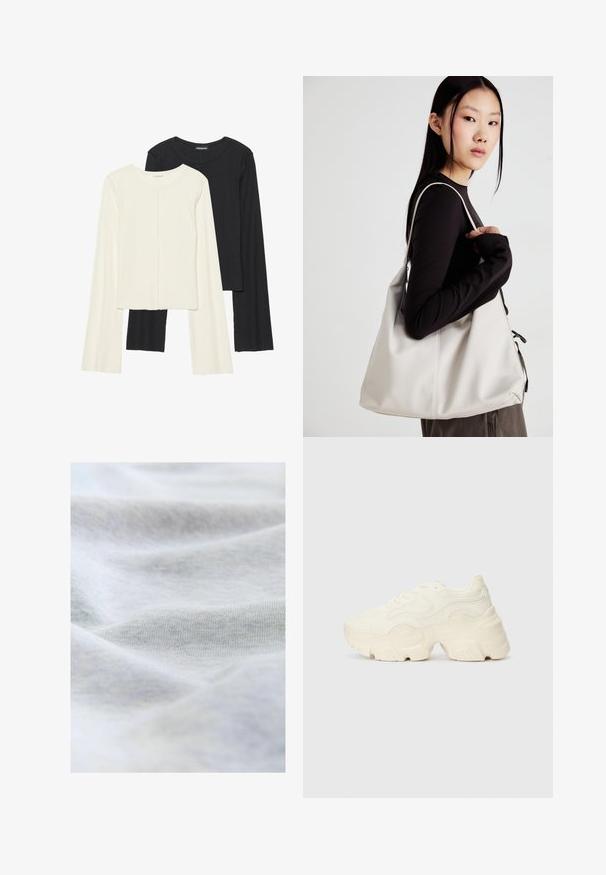 Set van twee longsleeve tops in wit en zwart. Geribbelde textuur, ronde hals, aansluitend ontwerp met licht uitlopende mouwen.; Zacht, lichtgrijs katoenstof met zichtbare fijne breistekstuur en zachte plooien die subtiele schaduwen creëren.; Chunky witte sneakers gemaakt van geperforeerd mesh en synthetische materialen, met een dikke zool en ingewikkelde patroon details aan de zijkanten.; Beige handtas gemaakt van zacht materiaal, met een slonzig ontwerp, gestikte details en twee schouderbanden. Geschikt voor dagelijks gebruik.