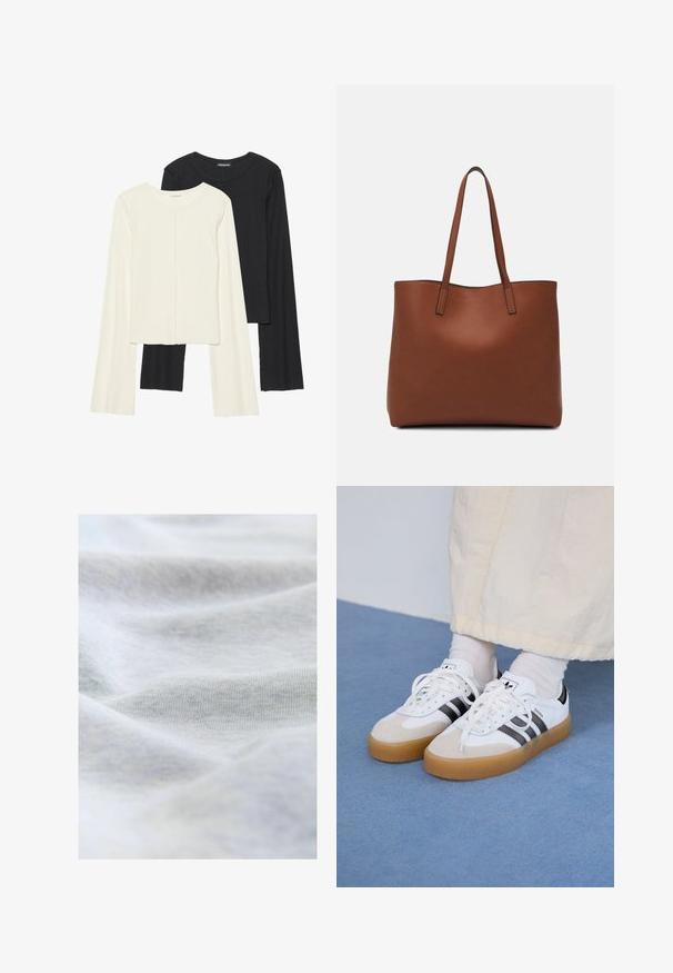 Conjunto de dos camisetas de manga larga en blanco y negro. Textura acanalada, cuello redondo, diseño ajustado con mangas ligeramente acampanadas.; Tejido de algodón suave y gris claro con una textura de punto fina visible y pliegues suaves que crean sombras sutiles.; Zapatillas blancas con rayas negras y acentos de ante beige. Cuentan con una suela de goma texturizada y cordones blancos planos, usadas con calcetines de color claro.; Bolso tote de cuero marrón con una textura suave, diseño de apertura superior y dos correas para el hombro. Presenta una costura mínima y sin herrajes visibles.