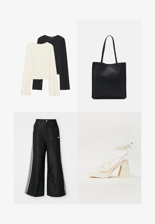 Conjunto de duas blusas de manga longa em branco e preto. Textura canelada, decote redondo, design ajustado com mangas ligeiramente evasê.; Calças de denim largas pretas com três riscas brancas em cada lado e um pequeno logótipo branco. Apresenta bolsos frontais e um fecho de botão.; Sandálias brancas de salto alto com um salto robusto, apresentando um design com tiras e amarração no tornozelo. Textura suave com uma plataforma na frente para altura adicional.; Bolsa tote preta em couro com textura lisa, forma retangular e duas alças longas. Sem hardware ou enfeites visíveis.