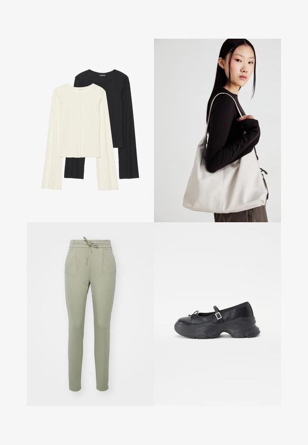 Set aus zwei Langarmoberteilen in Weiß und Schwarz. Rippstruktur, Rundhalsausschnitt, figurbetontes Design mit leicht ausgestellten Ärmeln.; Hellgrüne tapered Hosen mit einem Kordelzugbund, Frontfalten und elastischen Bündchen, aus weichem, glattem Stoff gefertigt.; Schwarze Leder-Mary-Jane-Schuhe mit einer abgerundeten Zehenpartie, Schleifendetail und verstellbarem Knöchelriemen. Mit einer stabilen Gummisohle mit geschwungenen Akzenten.; Beige Handtasche aus weichem Material, mit einem lässigen Design, gesteppten Details und zwei Schulterriemen. Geeignet für den täglichen Gebrauch.