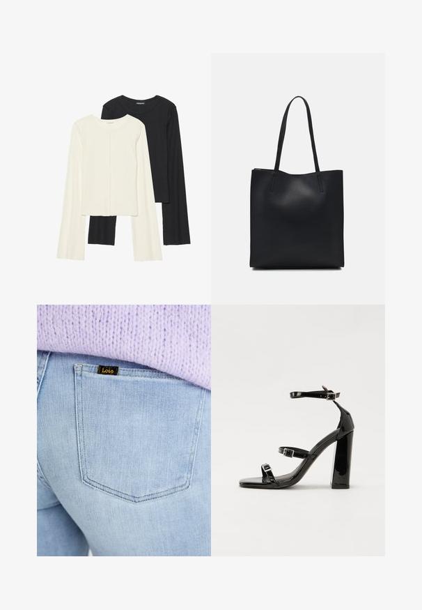 Set med två långärmade toppar i vitt och svart. Ribbade texturer, rund hals, figurnära design med något utställda ärmar.; Ljusblå jeans i denim med en ficka som har en svart logotypetikett med texten "Lois." Texturen är mjuk och något urblekt. En lavendelfärgad stickad tröja syns ovanför.; Svarta lackerade högklackade sandaler med två spännband, fyrkantig tå och en tjock klack, med en slät och glansig yta.; Svart lädertoffelväska med slät textur, rektangulär form och två långa handtag. Ingen synlig hårdvara eller dekorationer.