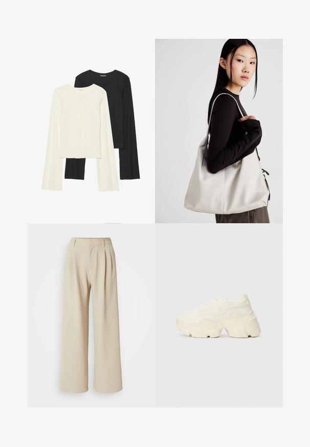 Ensemble de deux hauts à manches longues en blanc et noir. Texture côtelée, col rond, design ajusté avec des manches légèrement évasées.; Pantalons beige à jambes larges avec une taille haute, un devant plissé et une texture de tissu lisse. Pas de fermetures ni de motifs visibles.; Baskets blanches chunky en maille texturée et matériaux synthétiques, avec une semelle épaisse et des détails en motif complexes sur les côtés.; Sac à main beige en matériau souple, avec un design décontracté, des détails cousus et deux poignées. Idéal pour un usage quotidien.