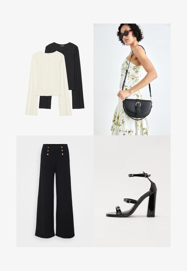 Set de două bluze cu mâneci lungi, una albă și una neagră. Textură ribbată, decolteu rotund, design ajustat cu mâneci ușor evazate.; Pantaloni negri cu croi evazat, având o textură netedă, talie înaltă și patru butoane aurii în față, proiectați pentru o potrivire ajustată.; Sandale negre din piele lacuită, cu toc înalt, două curele cu catarame, vârf pătrat și toc gros, având o textură netedă și lucioasă.; Geantă din piele neagră, cu o formă curbată, curea detașabilă și accesorii aurii. Geanta are un capac cu un detaliu tip cataramă.