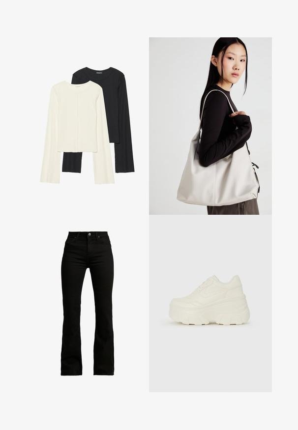Set of two long-sleeve tops in white and black. Ribbed texture, round neck, fitted design with slightly flared sleeves.; Black flared jeans made of cotton blend. Features a high waist, standard five-pocket design, front button closure, and smooth texture.; White platform sneakers featuring a smooth leather-like upper, rounded shape, padded collar, and textured rubber sole with defined treads.; Beige handbag made of soft material, featuring a slouchy design, stitched detailing, and two shoulder straps. Suitable for everyday use.