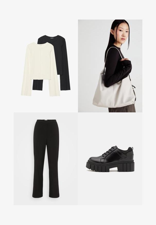 Sett med to langermede topper i hvit og svart. Ribbete tekstur, rund hals, tettsittende design med lett utsvingte ermer.; Svarte, glatte bukser i stoff med rett ben-design og elastisk linning. Har en subtil søm nedover fronten av hvert ben.; Svarte lærplattformsko med kraftig blokkhell, rund tå og tradisjonell snøring. Har en jevn tekstur og minimal detaljering.; Beige håndveske laget av mykt materiale, med en slapp design, sydd detaljer og to skulderstropper. Passer for daglig bruk.