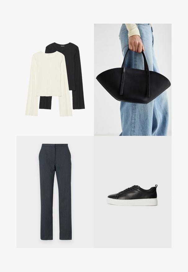Set di due maglie a maniche lunghe, bianche e nere. Texture a coste, scollo tondo, design aderente con maniche leggermente svasate.; Pantaloni blu scuro con righe verticali, design su misura, texture liscia, gambe dritte e vita standard.; Sneaker in pelle nera con finitura liscia, suola in gomma bianca, punta rotonda e design con lacci. Presenta un anello sul tallone.; Borsa a tracolla in pelle nera con una forma a ventaglio unica, dotata di manici piatti. La superficie presenta una texture a ciottoli e un design minimalista.