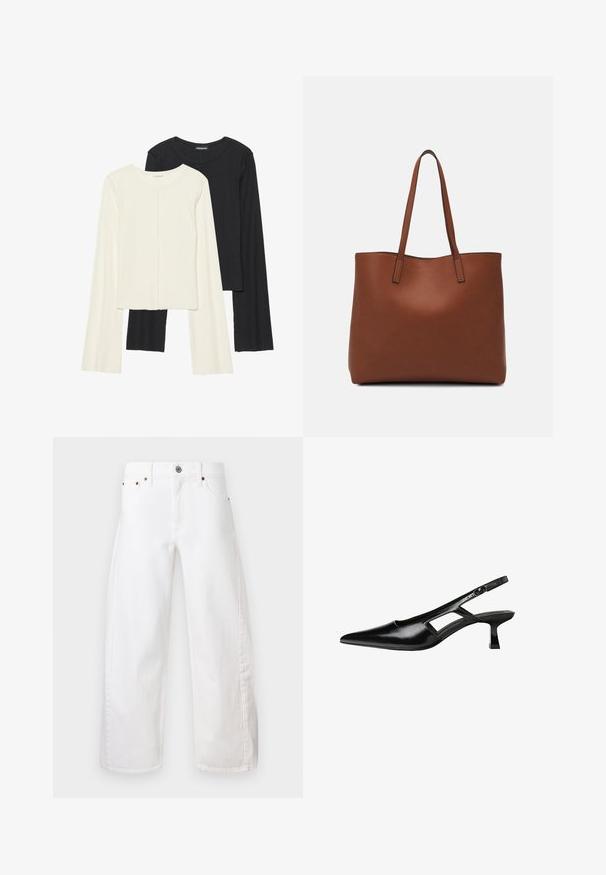 Zestaw dwóch bluzek z długim rękawem w kolorze białym i czarnym. Prążkowana struktura, okrągły dekolt, dopasowany fason z lekko rozszerzanymi rękawami.; Białe dżinsy o szerokich nogawkach wykonane z denimu bawełnianego. Posiadają zapięcie na guzik i zamek, kieszenie z przodu oraz subtelne przeszycia wzdłuż szwów.; Czarne lakierowane czółenka na odkrytej pięcie z wąskim noskiem, z wykrojem po bokach i małym kwadratowym obcasem. Gładka faktura z minimalnymi akcentami.; Brązowa skórzana torba tote o gładkiej fakturze, z otwartym wierzchem i dwoma ramiączkami. Charakteryzuje się minimalnym przeszyciem i brakiem widocznych elementów metalowych.