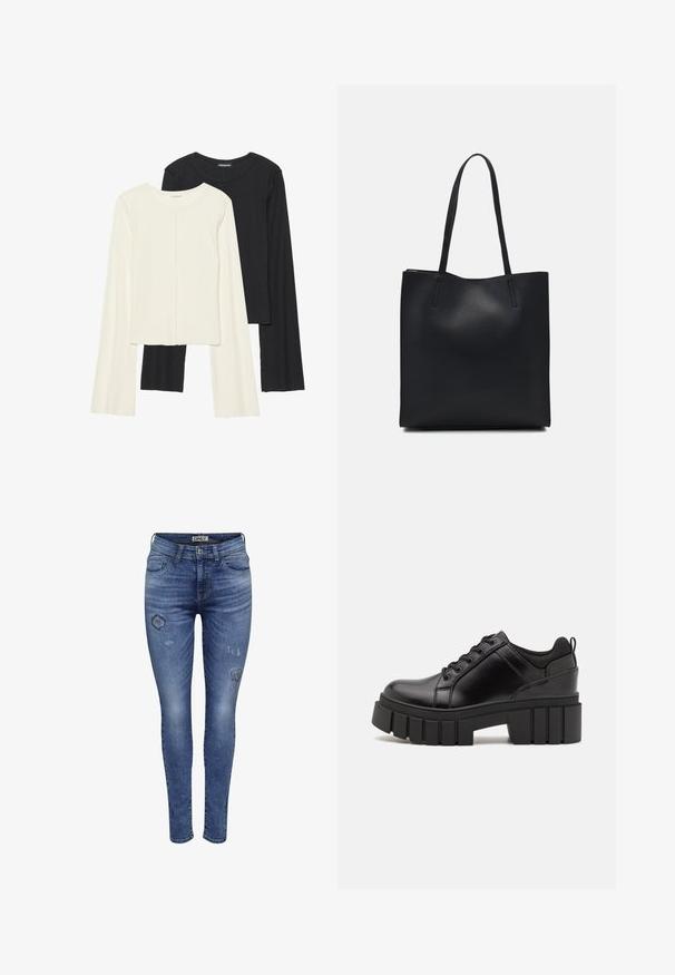 Divu garo piedurkņu tops komplekts baltā un melnā krāsā. Ribota tekstūra, apaļš kakls, pieguļoša dizaina ar nedaudz izplestām piedurknēm.; Plānie džinsi, kas izgatavoti no zila denima ar izbalinātām vietām un nolietotiem detaļām, ar standarta piecu kabatu dizainu un pogu aizdari.; Melnas ādas platformas kurpes ar masīvu bloku papēdi, apaļu purngalu un tradicionālu saistīšanas dizainu. Izceļas ar gludu tekstūru un minimālu apdari.; Melnas ādas somiņa ar gludu tekstūru, taisnstūra formu un divām garām rokturiem. Nav redzamu aparatūras vai rotājumu.