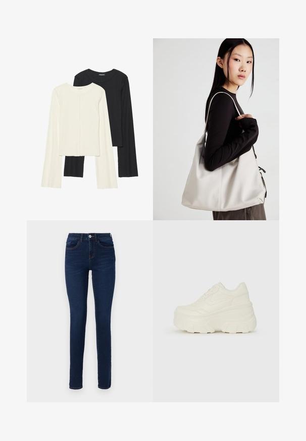 Conjunto de duas blusas de manga longa em branco e preto. Textura canelada, decote redondo, design ajustado com mangas ligeiramente evasê.; Jeans skinny azul escuro em denim, com fecho frontal por botão, passagens para cinto e detalhes de costura discretos. Adequados para uso casual.; Tênis brancos de plataforma com um cabedal suave semelhante a couro, formato arredondado, colarinho acolchoado e sola de borracha texturizada com ranhuras bem definidas.; Uma bolsa bege feita de material macio, com um design descontraído, detalhes de costura e duas alças para o ombro. Adequada para uso diário.