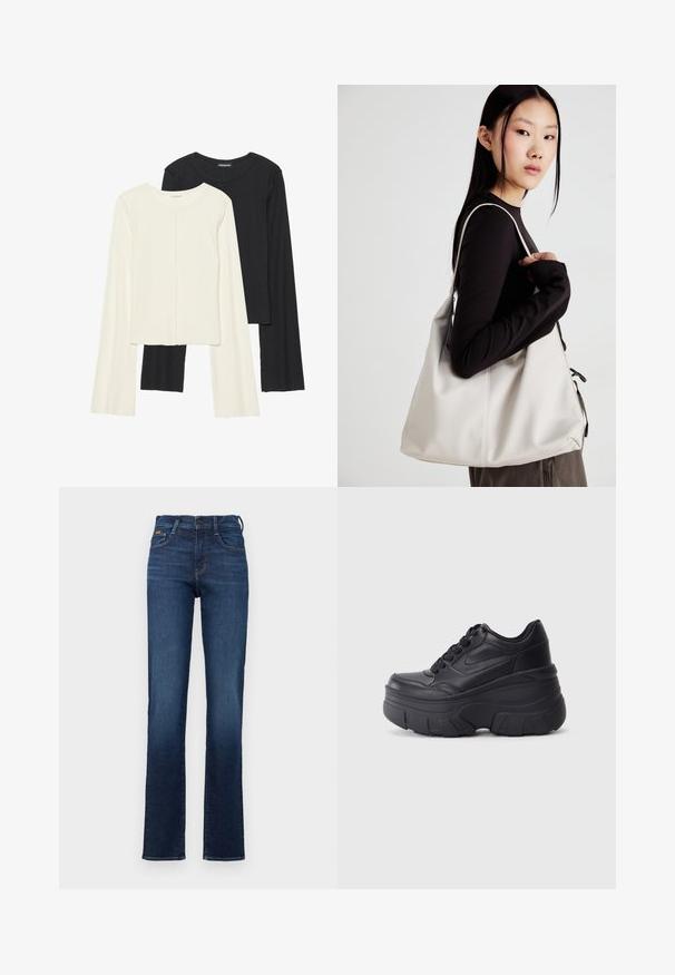 Nabor dveh dolgih rokavov v beli in črni barvi. Žameten vzorec, okrogla ovratnica, prilegajoča zasnova z rahlo razširjenimi rokavi.; Temno modri kavbojki iz denima z oprijetim pasom, ravnim krojem, petimi žepi in diskretnimi šivi. Klasično zapiranje z gumbom.; Črne vezalke čevlji s debelim podplatom, z gladkim usnjem na vrhu, okroglo konico in izrazitim plastastim oblikovanjem podplata.; Bežna torbica iz mehkega materiala, z ohlapno zasnovo, šivi in dvema naramnicama. Primerna za vsakodnevno uporabo.