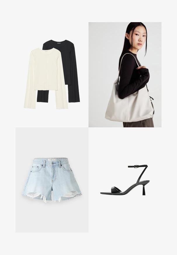 Set aus zwei Langarmoberteilen in Weiß und Schwarz. Rippstruktur, Rundhalsausschnitt, figurbetontes Design mit leicht ausgestellten Ärmeln.; Hellblaue Denim-Cut-off-Shorts mit franstem Saum, ausgefransten Kanten und klassischem Fünf-Taschen-Design. Besitzt einen Metallknopf und einen Reißverschluss.; Bershka High Heel Sandalette - black; Beige Handtasche aus weichem Material, mit einem lässigen Design, gesteppten Details und zwei Schulterriemen. Geeignet für den täglichen Gebrauch.