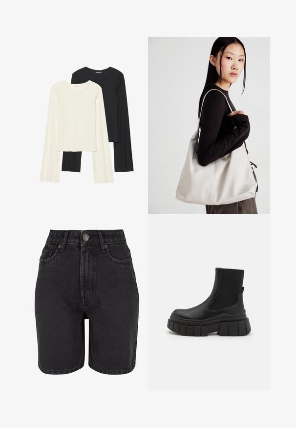 Két darabból álló hosszú ujjú felsők szettje fehér és fekete színben. Bordás textúra, kerek nyakkivágás, testhez simuló fazon, enyhén bővülő ujjakkal.; Fekete farmer rövidnadrág magas derekkal, öt zsebes kialakítással és fém gombos záródással. Az anyag sima textúrájú, enyhe fakulással.; Fekete bokacsizmák sima bőrből, elasztikus oldalsó panelek, vastag platform talp és texturált bordázatú talpszerkezettel.; Puha anyagból készült bézs kézitáska, laza dizájnnal, varrott részletekkel és két vállpánttal. Mindennapi használatra alkalmas.