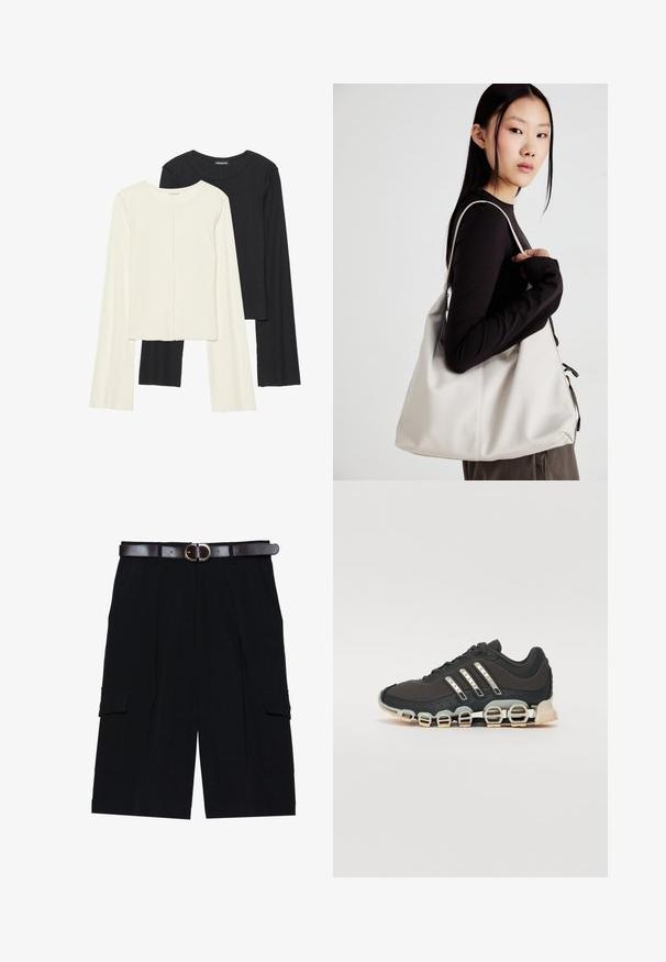 Dviejų ilgomis rankovėmis marškinėlių rinkinys, baltas ir juodas. Raukšlėta tekstūra, apvalus kaklas, prigludusi forma su šiek tiek platėjančiomis rankovėmis.; Juodi cargo šortai, pagaminti iš lengvos medžiagos, su tiesiu kirpimu, šoninėmis kišenėmis ir rudos odos diržu su sidabriniu sagtimi.; Juodos sportinės avalynės su tekstūruotu viršumi, trimis sidabro juostomis ir išskirtiniu amortizuojančiu padu, turinčiu kelias integruotas dalis.; Bežinė rankinė, pagaminta iš minkštos medžiagos, turinti laisvą dizainą, siuvinėtas detalės ir dvi petnešos. Tinkama kasdieniam naudojimui.