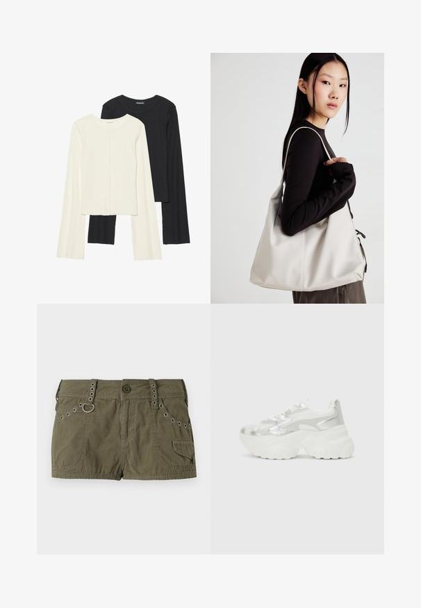 Set of two long-sleeve tops in white and black. Ribbed texture, round neck, fitted design with slightly flared sleeves.; Olive green shorts made from a lightweight fabric, featuring a waistband with metal accents and side pockets. Textured surface with stitching details.; Silver sneaker with a textured mesh upper and iridescent accents, featuring a chunky white sole and lace-up closure.; Beige handbag made of soft material, featuring a slouchy design, stitched detailing, and two shoulder straps. Suitable for everyday use.