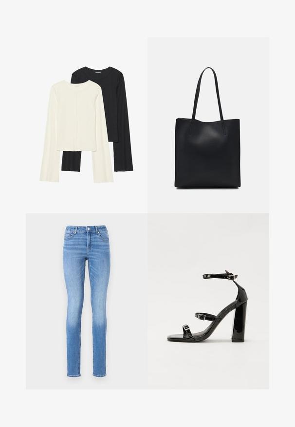 Set od dvije duge majice s dugim rukavima u bijeloj i crnoj boji. Rebrasta tekstura, okrugli izrez, uski kroj s blago raširenim rukavima.; Plave traperice od denima s uskim krojem, srednjim strukom i suptilnim izblijedjivanjem. Kontrastni šavovi i standardan dizajn s pet džepova.; Crne lakirane sandale na pete sa kvadratnim nosom, trakama oko gležnja i srebrnim kopčama. Imaju čvrst blok petu za stabilnost.; Crna kožna torba za nošenje s glatkom teksturom, pravokutnim oblikom i dvije duge ručke. Nema vidljivih metalnih dijelova ili ukrasa.