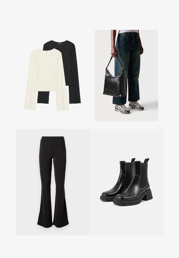Set of two long-sleeve tops in white and black. Ribbed texture, round neck, fitted design with slightly flared sleeves.; Black flared pants made of a sparkly fabric. They have a wide waistband and a smooth texture with flaring from the knee to the hem.; Black leather Chelsea boots with a chunky heel, elastic side panels, and contrasting white stitching. Textured finish.; Black leather shoulder bag with a smooth texture and adjustable strap, paired with faded wide-leg jeans and athletic sneakers.