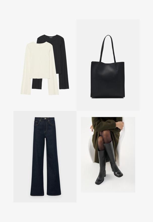 Dviejų ilgomis rankovėmis marškinėlių rinkinys, baltas ir juodas. Raukšlėta tekstūra, apvalus kaklas, prigludusi forma su šiek tiek platėjančiomis rankovėmis.; Tamsiai mėlyni plačios kojų džinsai su priekinėmis kišenėmis, diržo kilputėmis ir mygtuko uždarymu.; Juodos odinės pradžios ilgio bateliai su kvadratu formos nosimi ir bloko kulnu, demonstruojami su modeliu, sėdinčiu alyvuogių žalios spalvos švarku. Lygi tekstūra, minimalus puošimas.; Juodas odinis tote krepšys su lygia tekstūra, stačiakampio formos ir dviem ilgais rankenomis. Matomų metalinių detalių ar puošybos nėra.