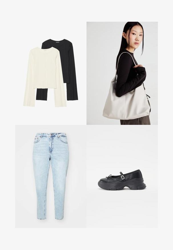 Conjunto de dos camisetas de manga larga en blanco y negro. Textura acanalada, cuello redondo, diseño ajustado con mangas ligeramente acampanadas.; Jeans de mezclilla de color azul claro con cintura alta, pierna ajustada y dobladillo sin terminar. Presenta un diseño clásico de cinco bolsillos y cierre de botón metálico.; Zapato Mary Jane de cuero negro con punta redondeada, detalle de lazo y correa ajustable en el tobillo. Presenta una suela de goma gruesa con acentos curvados.; Bolso de mano beige hecho de material suave, con un diseño holgado, detalles cosidos y dos asas. Adecuado para uso diario.