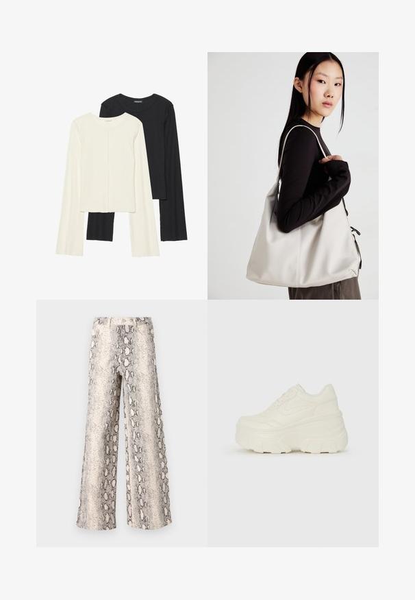 Set med två långärmade toppar i vitt och svart. Ribbade texturer, rund hals, figurnära design med något utställda ärmar.; Breda byxor i ettormönster, med en kräm- och grå färgskala, tillverkade av texturerad tyg med en hög midja.; Vita plattformssneakers med en slät läderliknande överdel, rundad form, vadderad krage och texturerad gummisula med definierade mönster.; Beige handväska tillverkad av mjukt material, med en avslappnad design, sydda detaljer och två axelremmar. Lämplig för dagligt bruk.