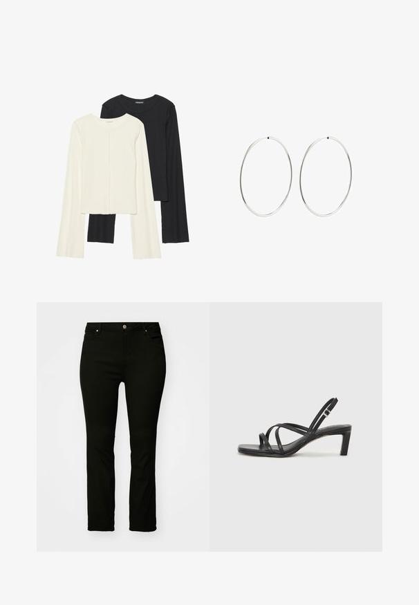 Divu garo piedurkņu tops komplekts baltā un melnā krāsā. Ribota tekstūra, apaļš kakls, pieguļoša dizaina ar nedaudz izplestām piedurknēm.; Melnas džinsu bikses ar taisnu griezumu, piecu kabatu dizainu, metāla pogu un smalkiem šuvumu detaļām. Gluda tekstūra, daudzpusīgs stils.; Melnas strappy sandales ar kvadrātveida purngaliem un zemu bloku papēdi. Ievērojamas ar vairākiem plāniem siksniņām un regulējamu potītes siksniņu. Izgatavotas no gludas ādas.; Sudraba riņķa auskari ar gludu, apaļu dizainu un pulētu apdari. Tie ir plāni un viegli, ar vienkāršu aizdari.