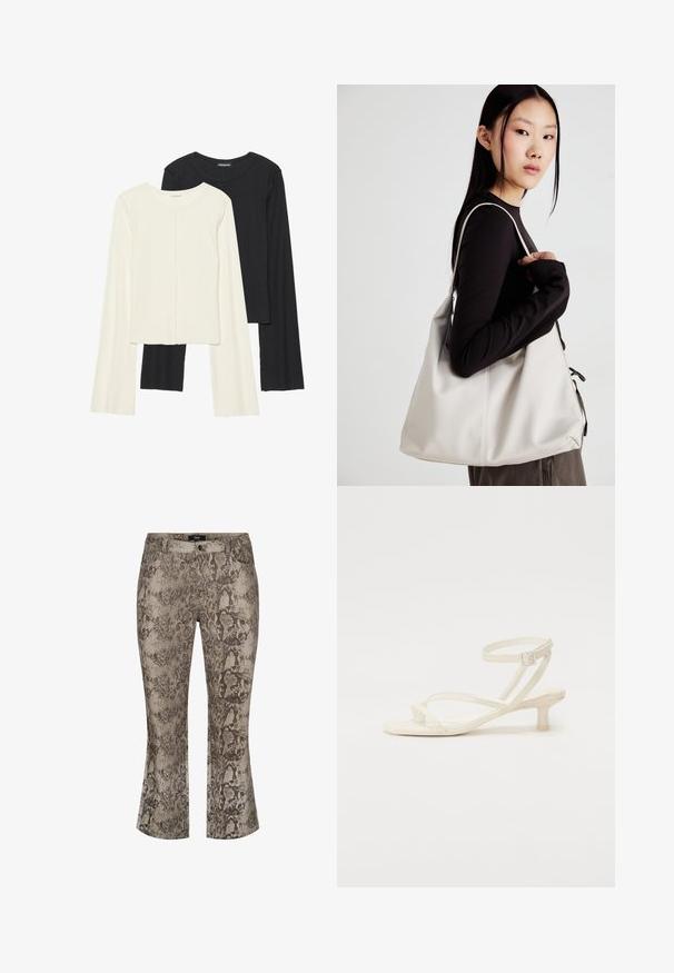 Souprava dvou dlouhých rukávů v bílé a černé barvě. Hladká textura, kulatý výstřih, upnutý střih s mírně rozšířenými rukávy.; Hadí vzorované zvonové džíny v tlumených béžových a hnědých tónech. Denimový materiál s texturovaným povrchem. Standardní design s pěti kapsami a předním zipem.; Světle slonovinové sandály na nízkém blokovém podpatku. Vyrobené z hladkého materiálu, s tenkými pásky a spona na noze.; Beige kabelka vyrobená z měkkého materiálu, s volným designem, prošívanými detaily a dvěma ramenními popruhy. Vhodná pro každodenní použití.