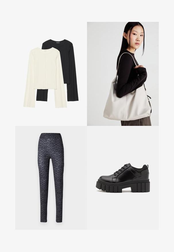 Conjunto de duas blusas de manga longa em branco e preto. Textura canelada, decote redondo, design ajustado com mangas ligeiramente evasê.; Leggings pretos com um padrão de estampa de leopardo. Feitos de um tecido suave e elástico, com uma cintura alta e um corte ajustado.; Sapatos de plataforma em couro preto com um salto bloco robusto, bico redondo e design clássico de atacadores. Apresentam uma textura suave e detalhes mínimos.; Uma bolsa bege feita de material macio, com um design descontraído, detalhes de costura e duas alças para o ombro. Adequada para uso diário.