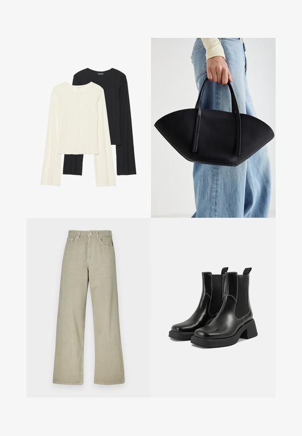 Σέτ δύο μακρυμάνικων μπλουζών σε λευκό και μαύρο. Ριπ υφή, στρογγυλή λαιμόκοψη, εφαρμοστή γραμμή με ελαφρώς φαρδιές μανίκες.; Κάμελ παντελόνια σε ίσιο κόψιμο από μείγμα βαμβακιού. Διαθέτουν κούμπωμα με κουμπί, πέντε τσέπες και καθαρή, υφασμάτινη υφή.; Μαύρα δερμάτινα μποτάκια Chelsea με χοντρό τακούνι, ελαστικές πλευρικές επενδύσεις και αντίθετη λευκή ραφή. Υφή με υφιστάμενη αίσθηση.; Μαύρη δερμάτινη τσάντα χειρός με μοναδικό σχήμα φτερού, διαθέτει επίπεδους χειροφύλακες. Η επιφάνεια έχει υφή ογκωτού βράχου και μινιμαλιστικό σχέδιο.