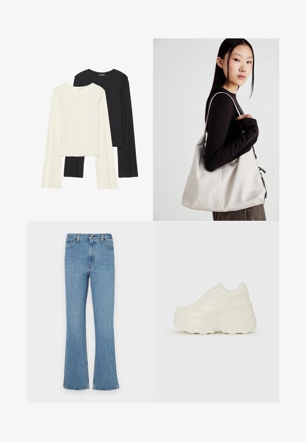 Divu garo piedurkņu tops komplekts baltā un melnā krāsā. Ribota tekstūra, apaļš kakls, pieguļoša dizaina ar nedaudz izplestām piedurknēm.; Gaiši zilas džinsi ar platu apakšu un augstu jostas vietu, ar piecām kabatām, jostu cilpiņām un nolietotā izskatā.; Baltie platformas sporta apavi, kas izgatavoti no gludas mākslīgās ādas, ar noapaļotu formu, mīkstu apkakli un teksturētu gumijas zoli ar izteiktiem rakstiem.; Bežs rokassoma, izgatavota no mīksta materiāla, ar brīvu dizainu, izšūtu apdari un divām plecu siksnām. Piemērota ikdienas lietošanai.