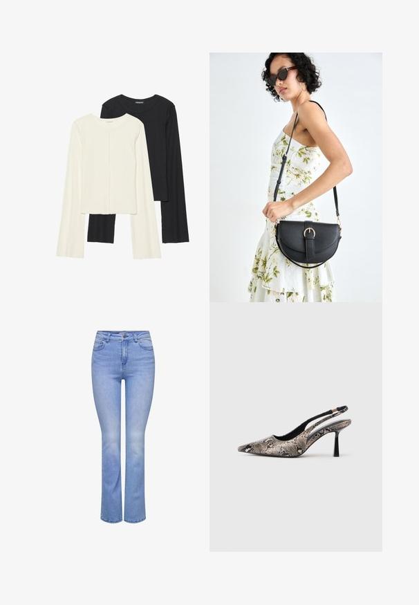 Kaksik Eri pikkusega valge ja musta värvi pikkade varrukatega topsi. Ribikstruktuur, ümar kaelus, lihav disain, veidi laienevate varrukatega.; Heledad helesin sinised teksased, millel on kitsas talje ja laienduvad jalad. Omab viit taskut, esist nööpidega sulgemist ja peent tuhmutamist.; Kitsas varvusega slingback kingad, mis on valmistatud tekstuuriga maosarnase materjali toel, omavad saledat musta kõrget kontsa ja lõikega disaini külgedel.; Mustmust mustraha kõverate joontega, eemaldatava rihmaga ja kuldsete detailidega. Kotil on klapp, millel on pandladetail.