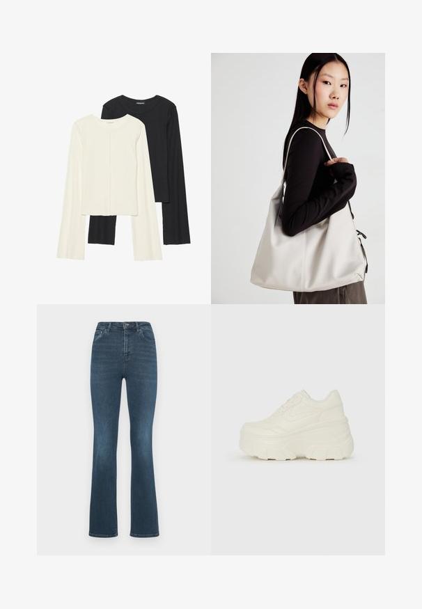 Súprava dvoch dlhých rukávov v bielej a čiernej farbe. Žebrovaná textúra, okrúhly výstrih, priliehavý strih s mierne rozšírenými rukávmi.; Tmavomodré zvonové džínsy vyrobené z denimu. Medzi ich vlastnosti patrí vysoký pás, dva predné vrecká a klasický dizajn s piatimi vreckami a zapínaním na gombík.; Biele platformové tenisky s hladkým koženkovým svrchným materiálom, zaobleným tvarom, polstrovaným golierom a textúrovanou gumovou podrážkou s výrazným vzorom.; Béžová kabelka vyrobená z mäkkého materiálu, s uvoľneným dizajnom, prišitými detailmi a dvoma popruhmi na nosenie na pleciach. Vhodná na každodenné nosenie.