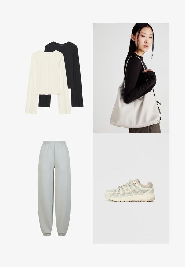 Dviejų ilgomis rankovėmis marškinėlių rinkinys, baltas ir juodas. Raukšlėta tekstūra, apvalus kaklas, prigludusi forma su šiek tiek platėjančiomis rankovėmis.; Pilki sportiniai tinkliniai su elastine juosta, siaurėjančiais rankogaliais ir lygiu tekstūru. Jie yra platūs, be matomų raštų ar puošmenų.; Šviesiai smėlio spalvos sportiniai batai su tinklinėmis panelėmis ir paminkštintu padu. Jie turi raištelius, apvalią nosį ir auksinius akcentus šone.; Bežinė rankinė, pagaminta iš minkštos medžiagos, turinti laisvą dizainą, siuvinėtas detalės ir dvi petnešos. Tinkama kasdieniam naudojimui.