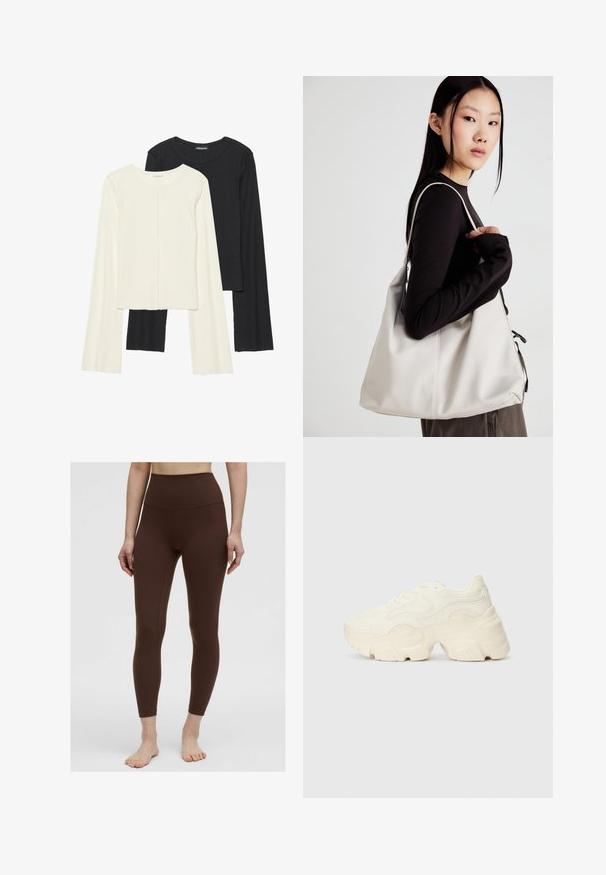 Set di due maglie a maniche lunghe, bianche e nere. Texture a coste, scollo tondo, design aderente con maniche leggermente svasate.; Leggings marroni a vita alta con una texture liscia, design aderente e senza motivi visibili. Cuciture lungo i lati.; Sneakers bianchi chunky realizzati in mesh testurizzato e materiali sintetici, dotati di una suola spessa e dettagli con motivi intricati lungo i lati.; Borsa a mano beige realizzata in materiale morbido, caratterizzata da un design morbido, dettagli cuciti e due manici. Adatta per l'uso quotidiano.