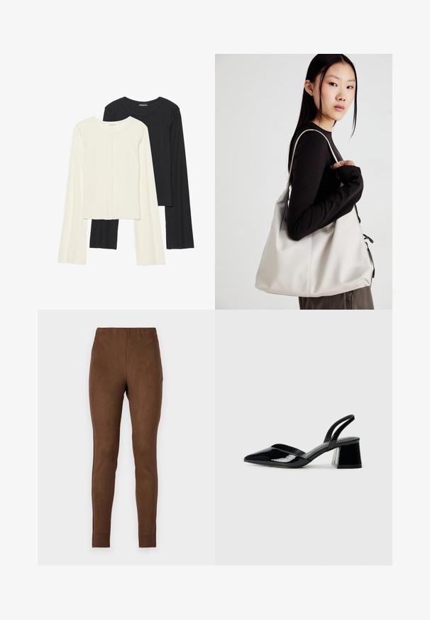 Sett med to langermede topper i hvit og svart. Ribbete tekstur, rund hals, tettsittende design med lett utsvingte ermer.; Brune leggings laget av et mykt, semsket materiale; tettsittende design, glatt tekstur og elastisk livlinje for komfort.; Svarte patentlær slingback hæler med spiss tå og geometrisk blokk hæl. Har et stilrent, minimalistisk design og jevn tekstur.; Beige håndveske laget av mykt materiale, med en slapp design, sydd detaljer og to skulderstropper. Passer for daglig bruk.