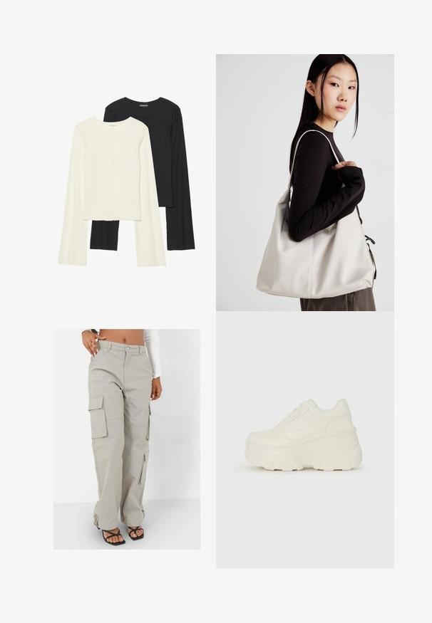 Set van twee longsleeve tops in wit en zwart. Geribbelde textuur, ronde hals, aansluitend ontwerp met licht uitlopende mouwen.; Cargo broek in een lichtbeige kleur, gemaakt van een duurzaam materiaal. Kenmerkt zich door brede pijpen, meerdere zijzakken en een relaxte pasvorm met hardware-accenten.; Witte platform sneakers met een gladde leren bovenkant, afgeronde vorm, gewatteerde kraag en een gestructureerde rubberen zool met duidelijke profiel.; Beige handtas gemaakt van zacht materiaal, met een slonzig ontwerp, gestikte details en twee schouderbanden. Geschikt voor dagelijks gebruik.