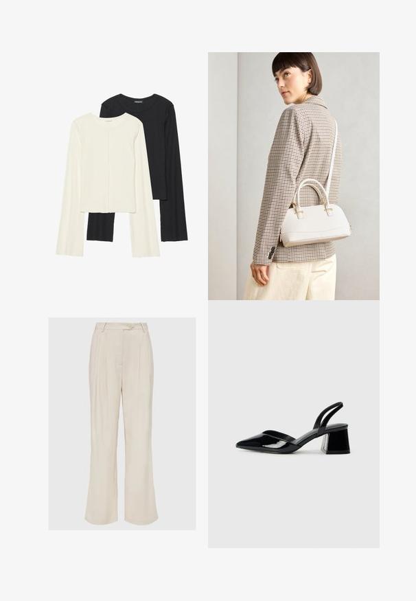 Dviejų ilgomis rankovėmis marškinėlių rinkinys, baltas ir juodas. Raukšlėta tekstūra, apvalus kaklas, prigludusi forma su šiek tiek platėjančiomis rankovėmis.; Smėlio spalvos plačiais kojų kirpimo kelnės su vertikaliomis klostėmis, sagų uždarymu ir subtilia tekstūra. Pagamintos iš lygios medžiagos ir turi laisvą fasoną.; Juodos lakuotos odinės šlepetės su smailiu pirštu ir geometriniu bloko kulnu. Turi elegantišką, minimalistinį dizainą ir lygų paviršių.; Balta struktūruota rankinė su trumpomis rankenomis ir peties diržu, su auksinėmis detalėmis ir tekstūruota medžiaga, pastatyta prieš pilką foną.