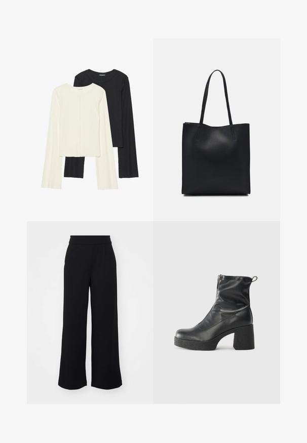 Conjunto de duas blusas de manga longa em branco e preto. Textura canelada, decote redondo, design ajustado com mangas ligeiramente evasê.; Calças largas pretas com uma textura suave, apresentando um cós alto e bolsos laterais, projetadas para um ajuste relaxado e movimento fácil.; Botas de tornozelo pretas feitas de couro liso, com fecho lateral, salto grosso texturizado e design de bico arredondado.; Bolsa tote preta em couro com textura lisa, forma retangular e duas alças longas. Sem hardware ou enfeites visíveis.