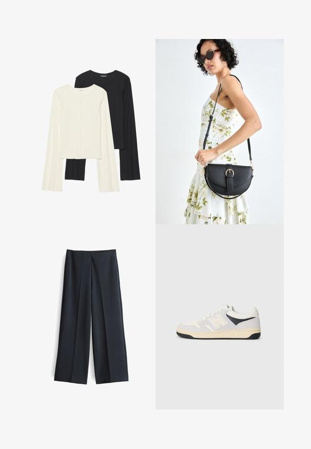 Set van twee longsleeve tops in wit en zwart. Geribbelde textuur, ronde hals, aansluitend ontwerp met licht uitlopende mouwen.; Wijde broek in donkergrauwe stof, met voorplooien en een gladde textuur. Geen zakken of zichtbare versieringen.; Sport sneaker in het wit, grijs en zwart. Kenmerkt zich door suède en textielmaterialen, geperforeerde neus en logo aan de zijkant. Rubberen zool.; Zwarte leren handtas met een gebogen vorm, afneembare schouderband en gouden hardware. De tas heeft een klep met een gespsluiting.