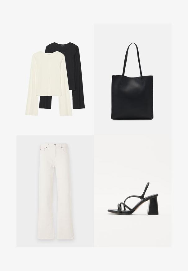Set aus zwei Langarmoberteilen in Weiß und Schwarz. Rippstruktur, Rundhalsausschnitt, figurbetontes Design mit leicht ausgestellten Ärmeln.; Weiße ausgestellte Jeans aus Denim, mit hoher Taille, fünf Taschen und doppelt genähten Nähten, ergänzt durch Hardware-Akzente in Kupferfarbe.; Schwarze High-Heelsandalette mit quadratischem, klobigem Absatz, ausgestattet mit mehreren dünnen Riemen über dem Fuß und einem offenen Rückendesign. Glatte Lederoberfläche.; Schwarze Laptoptasche aus Leder mit glatter Textur, rechteckiger Form und zwei langen Griffen. Keine sichtbaren Beschläge oder Verzierungen.