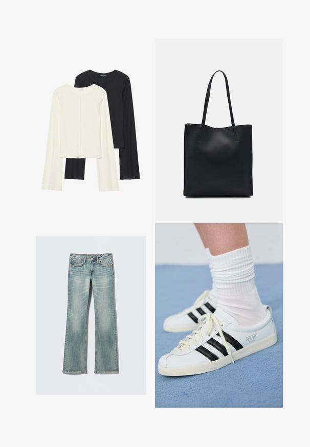 Set med två långärmade toppar i vitt och svart. Ribbade texturer, rund hals, figurnära design med något utställda ärmar.; Ljusblå denimjeans med lätt blekning, fem fickor, knäppning och rak passform på en vit bakgrund.; Vita lädersneakers med svarta ränder, krämfärgad sula och ljusa snören. Bärs med vita ribbade strumpor, placerade på blå bakgrund.; Svart lädertoffelväska med slät textur, rektangulär form och två långa handtag. Ingen synlig hårdvara eller dekorationer.