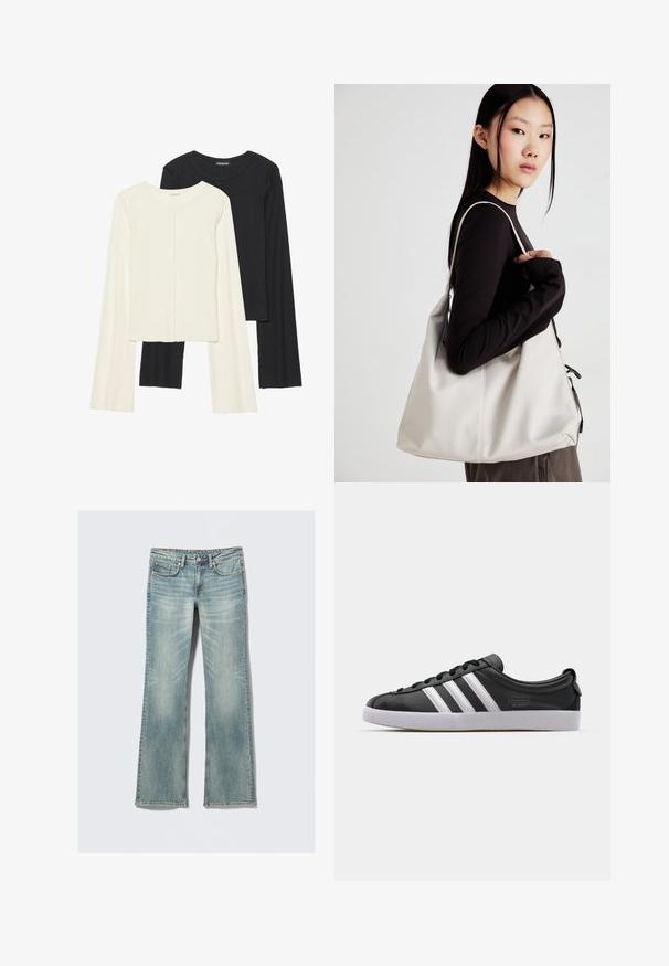 Conjunto de dos camisetas de manga larga en blanco y negro. Textura acanalada, cuello redondo, diseño ajustado con mangas ligeramente acampanadas.; Jeans de mezclilla azul claro con un ligero desgaste, cinco bolsillos, cierre de botón y perneras rectas sobre un fondo blanco.; Zapatilla de cuero negro con diseño de tres franjas blancas, puntera redondeada, suela de goma blanca plana y detalle de marca en el lateral.; Bolso de mano beige hecho de material suave, con un diseño holgado, detalles cosidos y dos asas. Adecuado para uso diario.