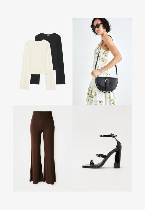 Set de două bluze cu mâneci lungi, una albă și una neagră. Textură ribbată, decolteu rotund, design ajustat cu mâneci ușor evazate.; Pantaloni maro cu talie înaltă și laturi largi, cu o textură netedă, concepuți pentru o potrivire lejeră și confortabilă.; Sandale cu toc din patent negru, cu vârf pătrat, curele la gleznă și catarame din argint. Dispune de un toc gros pentru stabilitate.; Geantă din piele neagră, cu o formă curbată, curea detașabilă și accesorii aurii. Geanta are un capac cu un detaliu tip cataramă.