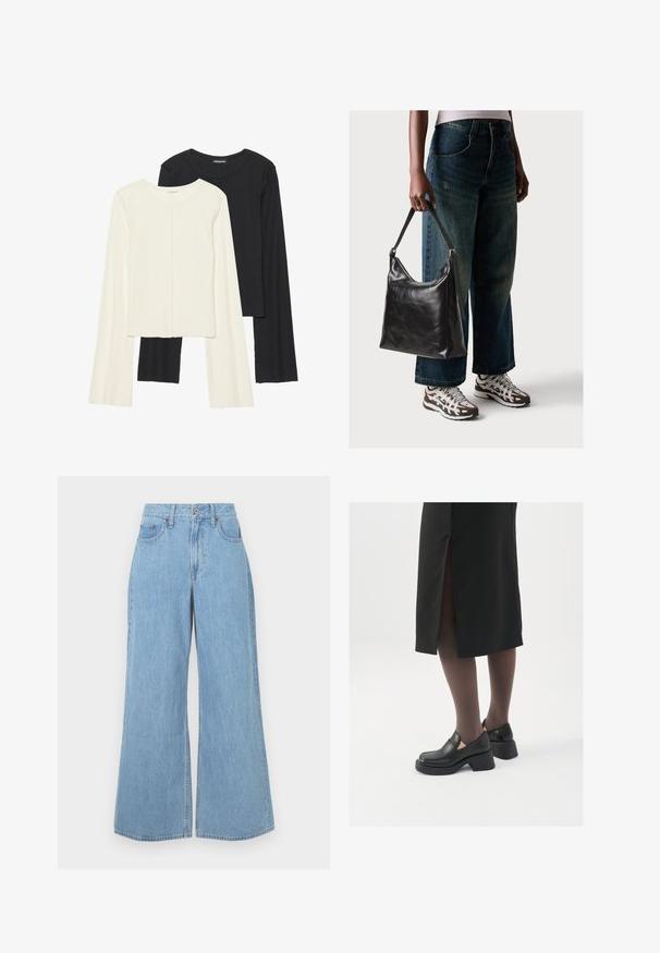 Divu garo piedurkņu tops komplekts baltā un melnā krāsā. Ribota tekstūra, apaļš kakls, pieguļoša dizaina ar nedaudz izplestām piedurknēm.; Gai zilo platjaku džinsu bikses, kas izgatavotas no denima, ar augstu jostasvietu, priekšējiem kabatām un neapstrādātu apakšmalu ar vieglu izbalējumu un teksturētu apdari.; Melni ādas apavi ar noapaļotu purngalu, biezām bloku papēžiem un elastīgiem sānu akcentiem, apvienoti ar tumšām zeķubiksēm un melnu svārku ar šķirbu.; Melna ādas pleca soma ar gludu tekstūru un regulējamu siksnu, saskaņota ar izbalējušām platām biksēm un sportiskām kedām.