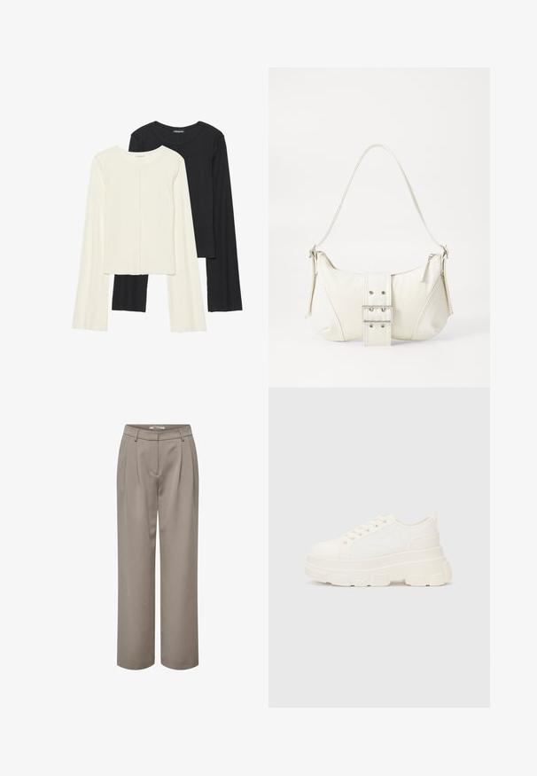 Kaksik Eri pikkusega valge ja musta värvi pikkade varrukatega topsi. Ribikstruktuur, ümar kaelus, lihav disain, veidi laienevate varrukatega.; Heled pruun laiad püksid, mis sisaldavad voltimisi, sujuvat tekstuuri ja puhta vöökohtade disaini. Lihtne ja mitmekülgne erinevate riietuste jaoks.; Valge kangast tennis, millel on paks tald, ümar varvas ja viis augukeed lakkide jaoks. Tagumine silt lihtsaks jalga panemiseks. Sile tekstuur, minimalistik disain.; Valge õlakott tekstuuriga viimistlusega, keskel kinnitatud pandlaga ja kõverate kujunditega. Tõmblukuga kinnitused mõlemal küljel.