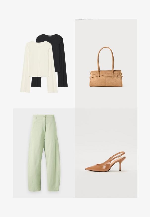 Divu garo piedurkņu tops komplekts baltā un melnā krāsā. Ribota tekstūra, apaļš kakls, pieguļoša dizaina ar nedaudz izplestām piedurknēm.; Gaiši zaļas plašas bikses, izgatavotas no kokvilnas. Tām ir pogu aizdare un tīras līnijas ar minimālu tekstūru. Nav redzami raksti vai akcenti.; Izteikts pirksta siksnas zābaks, izgatavots no gludas, spīdīgas brūnas materiāla. Piedāvā izliekta izgriezuma dizainu un smalku stiletto papēdi. Sudraba sprādze.; Salds zamšs rokassomu ar divām garām rokturiem, taisnstūra formā un dekoratīvām šuvēm. Iespējo sānu siksniņu un smalkus zelta aksesuārus.