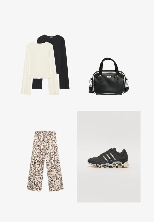 Sæt med to langærmede toppe i hvid og sort. Ribbet tekstur, rund halsudskæring, tætsiddende design med let udvidede ærmer.; Bredde ben-bukser i et lyst cremefarvet stof med et brunt pletmønster. Har en snoretræk i taljen og en glat, blød tekstur.; Sort træningssko med en tekstureret overdel, tre sølvstriber og en karakteristisk støttende sål med flere integrerede sektioner.; Sort læderhandtaske med to korte håndtag, sølvhardware, hvide accenter og et hvidt logo. Har en struktureret overflade og et kompakt design.