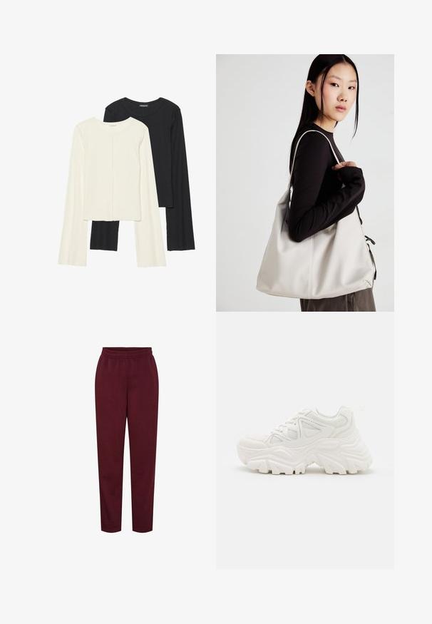 Zestaw dwóch bluzek z długim rękawem w kolorze białym i czarnym. Prążkowana struktura, okrągły dekolt, dopasowany fason z lekko rozszerzanymi rękawami.; Burgundowe dresy wykonane z miękkiego materiału, z elastycznym pasem i zwężanymi nogawkami. Brak widocznych wzorów lub detali metalowych.; Białe, masywne sneakersy z teksturowaną cholewką, panelami z siateczki i grubymi gumowymi podeszwami o wyraźnym wzorze bieżnika. W zestawie sznurówki i pętla do zakupu.; Beżowa torebka wykonana z miękkiego materiału, charakteryzująca się luźnym fasonem, wyszywanymi detalami i dwoma uchwytami na ramię. Idealna na co dzień.